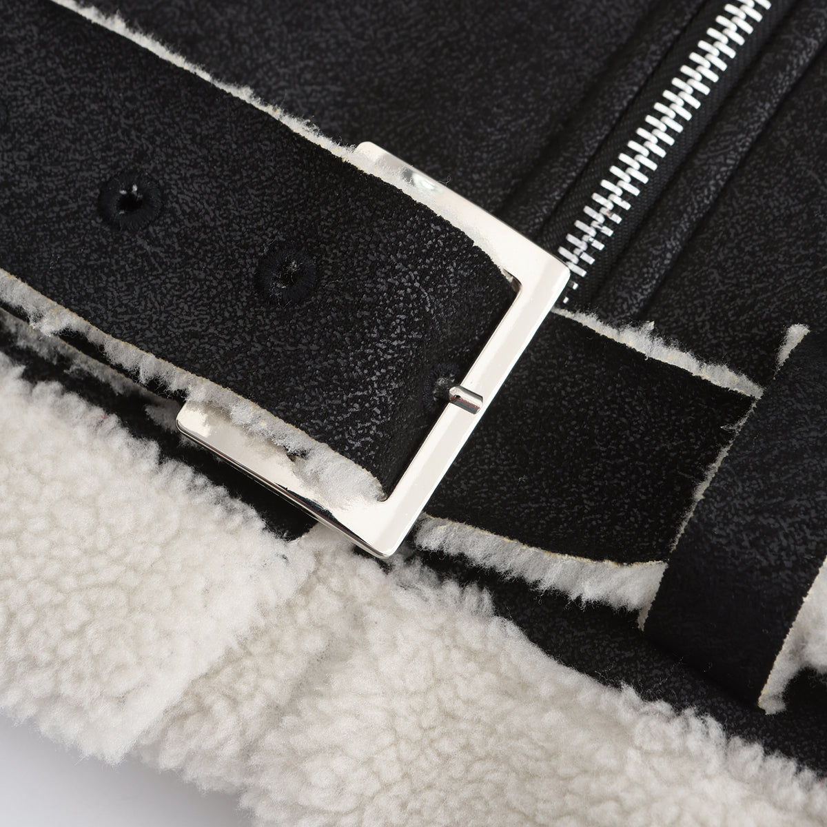 Belted Suede Shearling Aviator Jacket - Black - 15