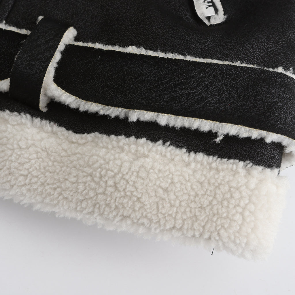Belted Suede Shearling Aviator Jacket - Black - 16