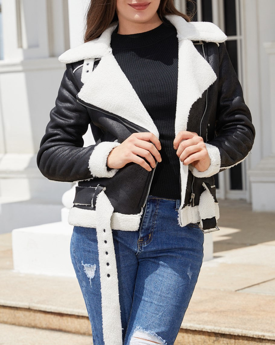 Belted Suede Shearling Aviator Jacket - Black - 2