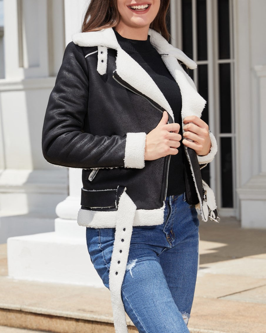 Belted Suede Shearling Aviator Jacket - Black - 3