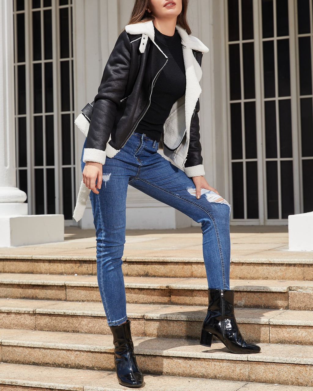 Belted Suede Shearling Aviator Jacket - Black - 5