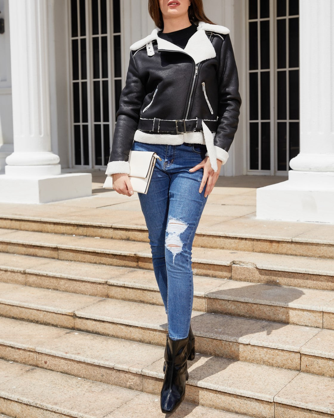 Belted Suede Shearling Aviator Jacket - Black - 7