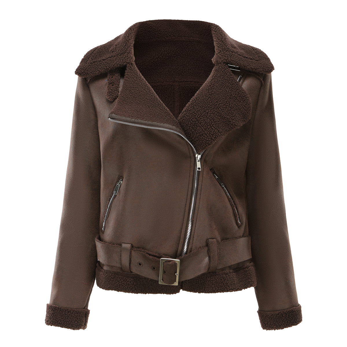 Belted Suede Shearling Aviator Jacket - Brown