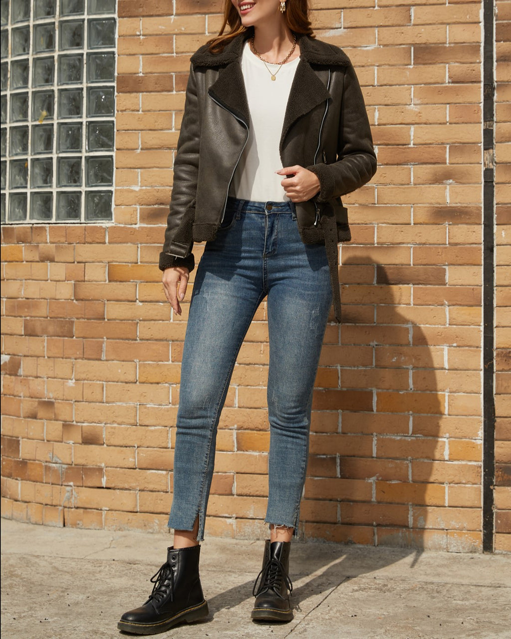 Belted Suede Shearling Aviator Jacket - Brown - 1