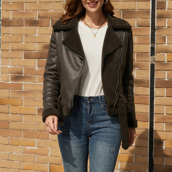 Belted Suede Shearling Aviator Jacket - Brown - 3