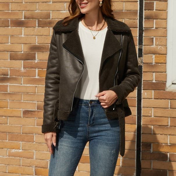 Belted Suede Shearling Aviator Jacket - Brown - 4