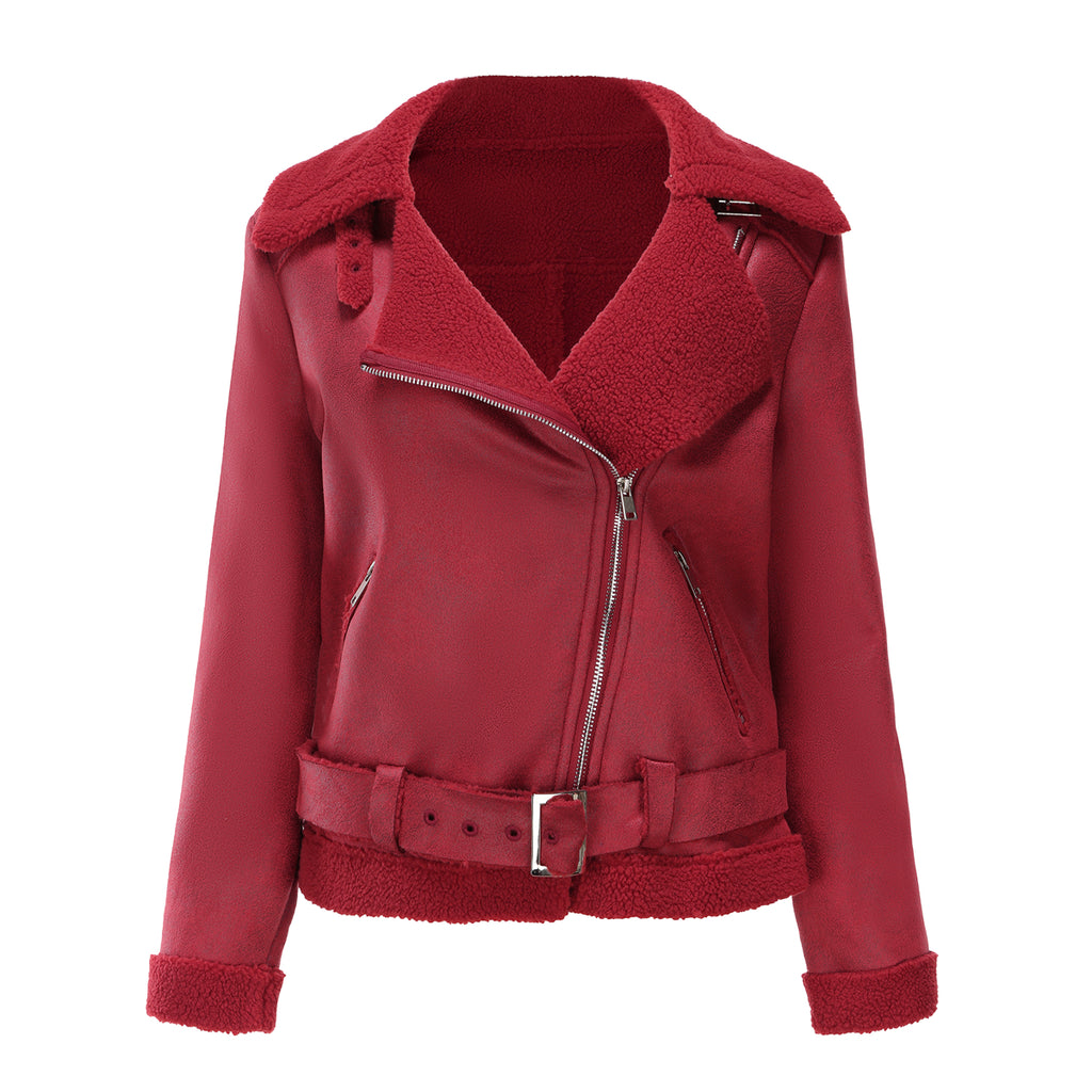 Belted Suede Shearling Aviator Jacket - Burgundy
