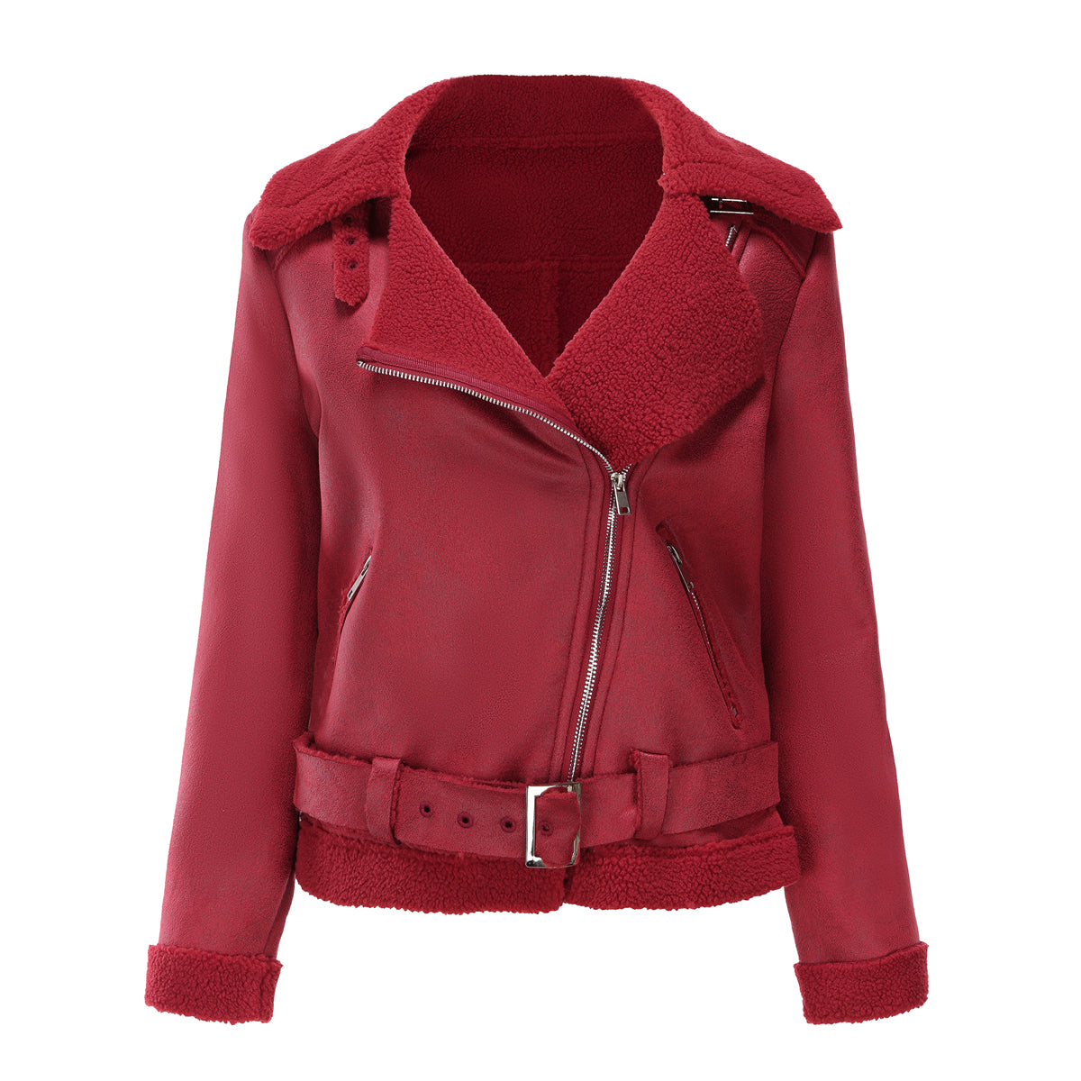 Belted Suede Shearling Aviator Jacket - Burgundy