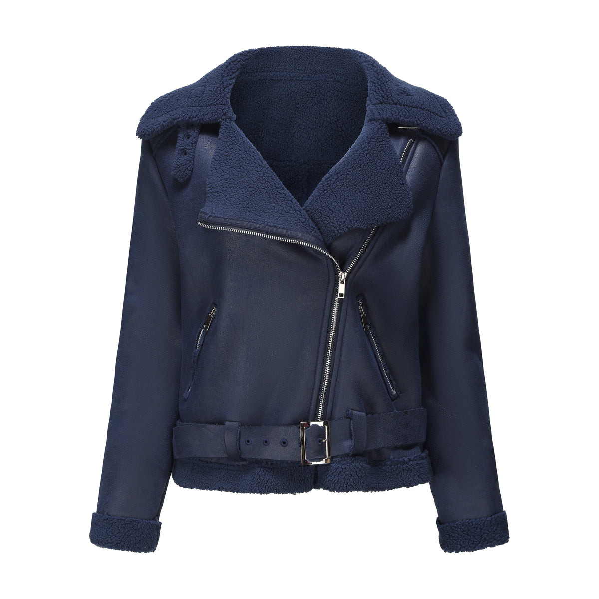 Belted Suede Shearling Aviator Jacket - Navy