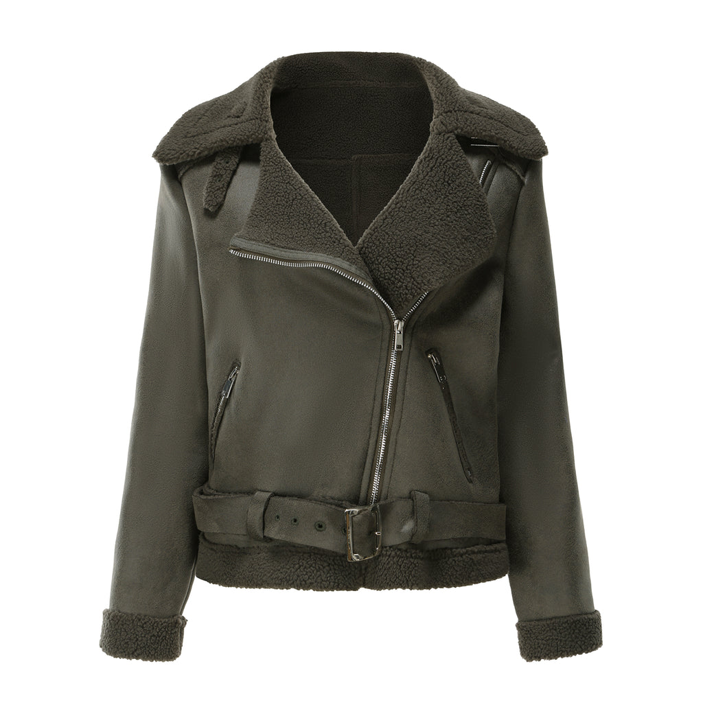 Belted Suede Shearling Aviator Jacket - Olive