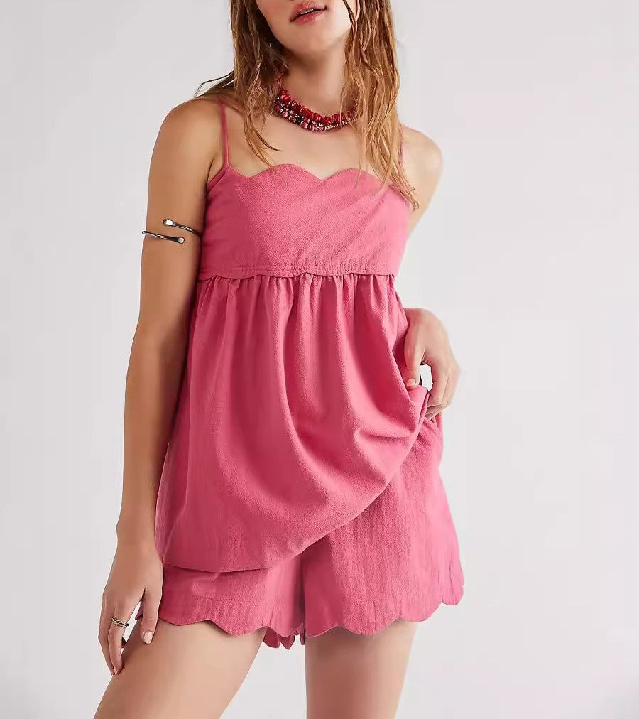 Scalloped Cami Top And Shorts Set - Pink
