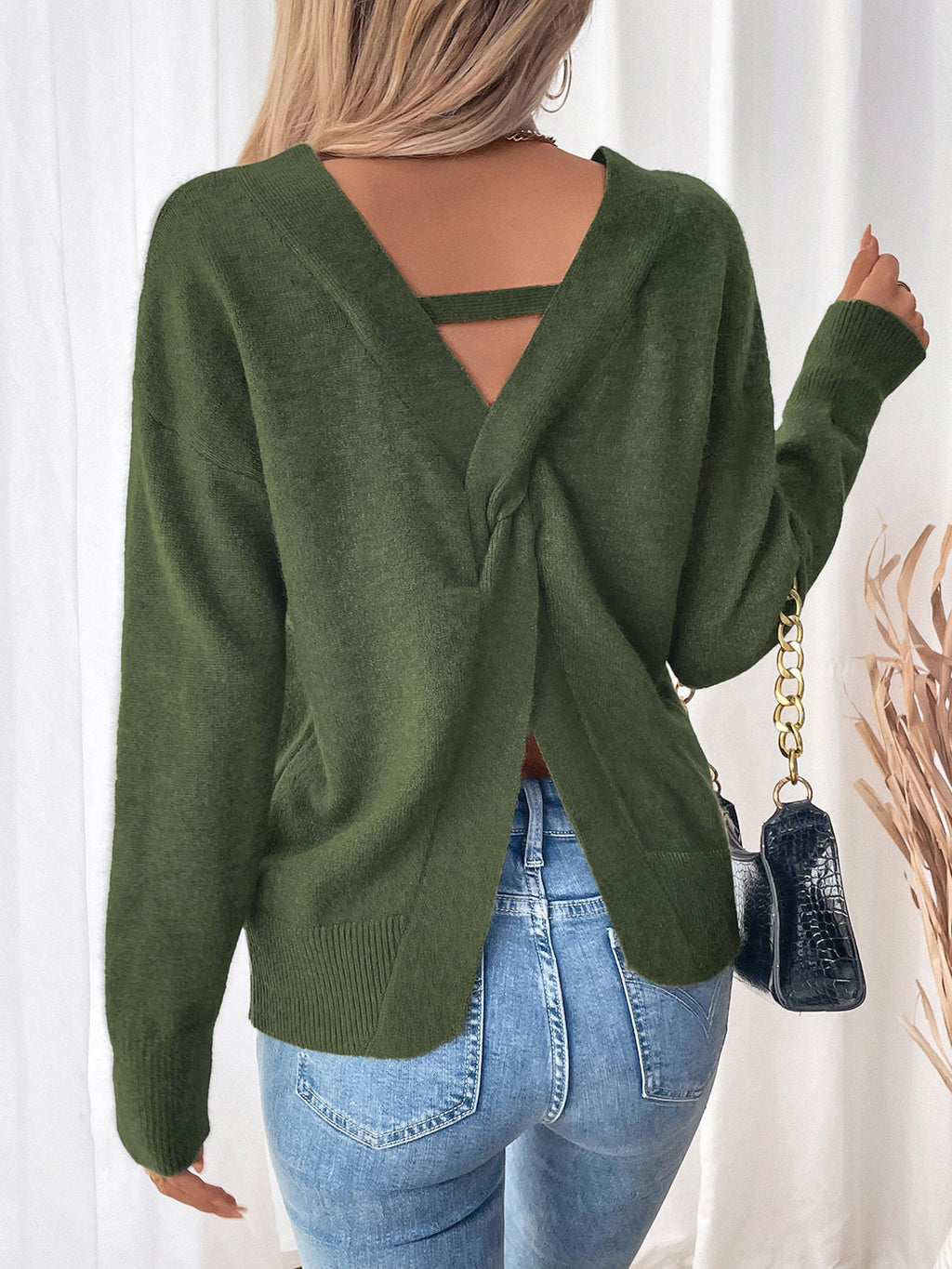 Twist Back V Neck Slouchy Sweater - view 1