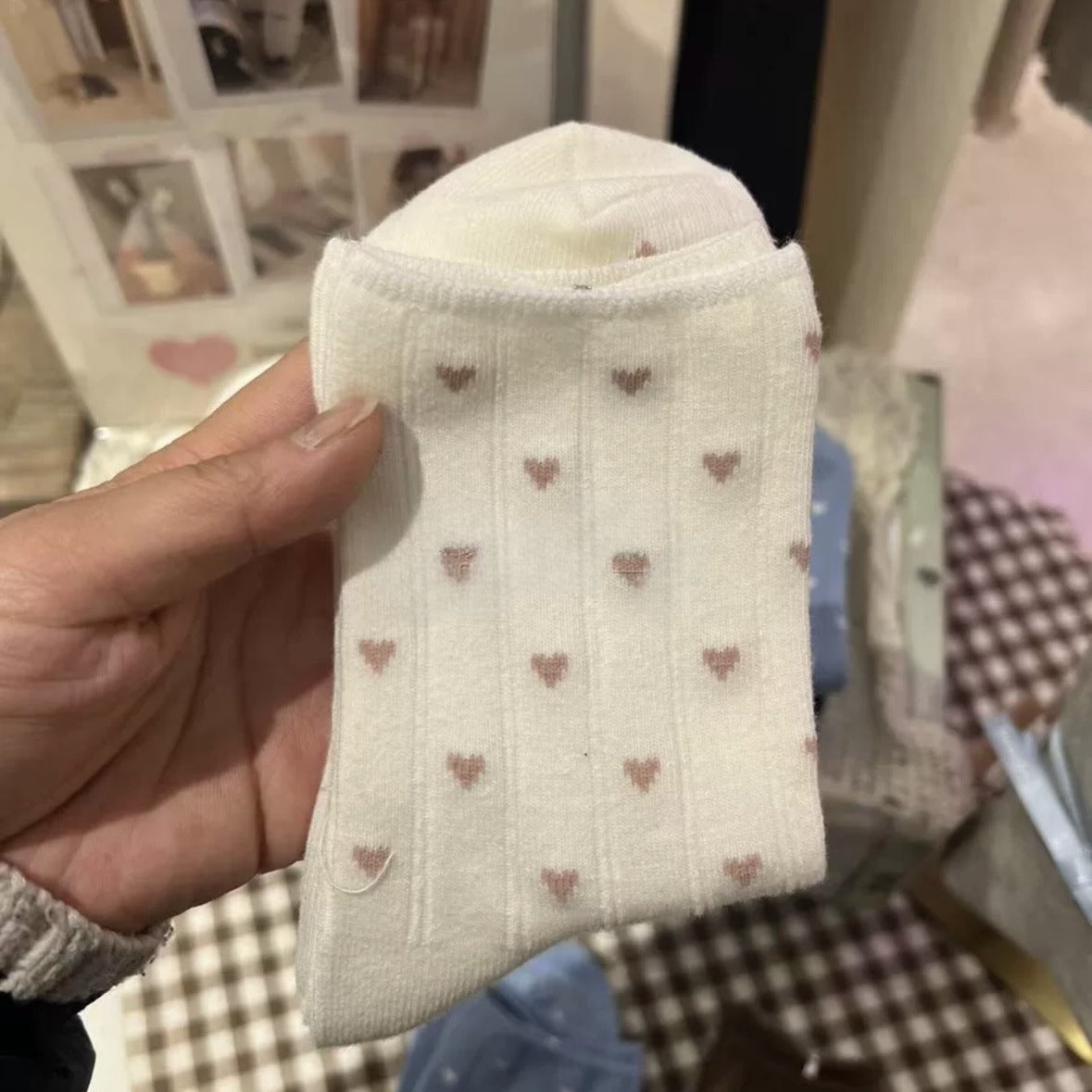 Tiny Heart Print Ribbed Crew Socks - Beige_C
