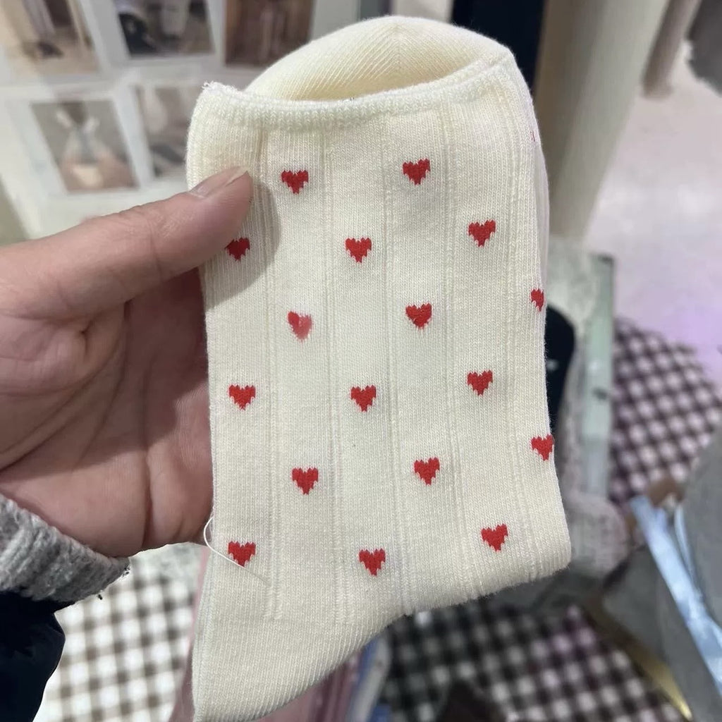 Tiny Heart Print Ribbed Crew Socks - Beige_R