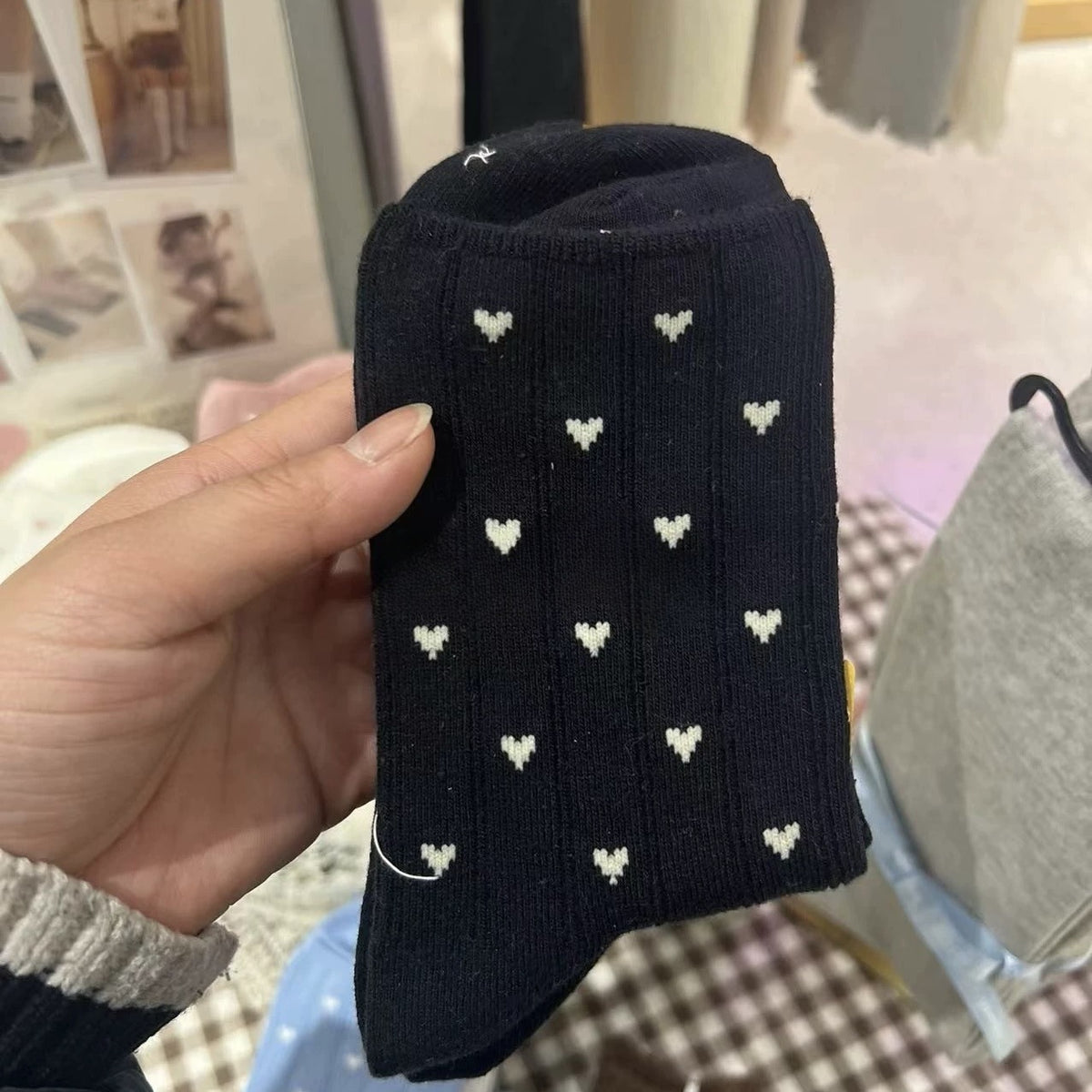 Tiny Heart Print Ribbed Crew Socks - Black