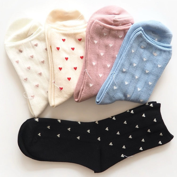 Tiny Heart Print Ribbed Crew Socks - Blue