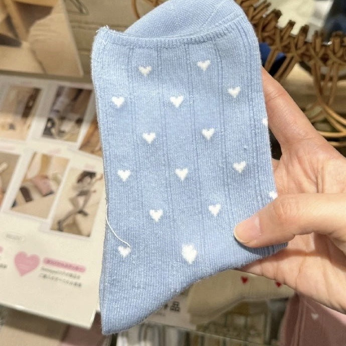 Tiny Heart Print Ribbed Crew Socks - Blue - 1