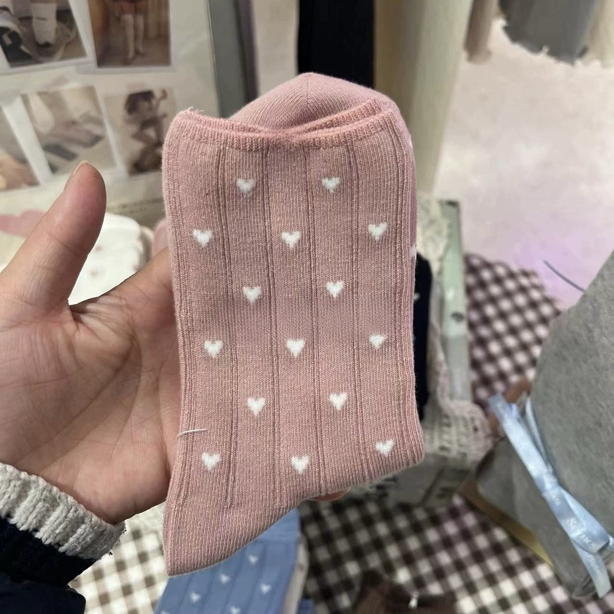 Tiny Heart Print Ribbed Crew Socks - Pink