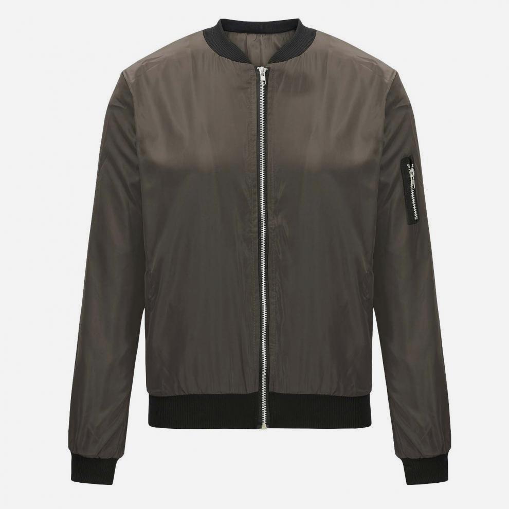 Lightweight Zip Front Ribbed Bomber Jacket - Coffee