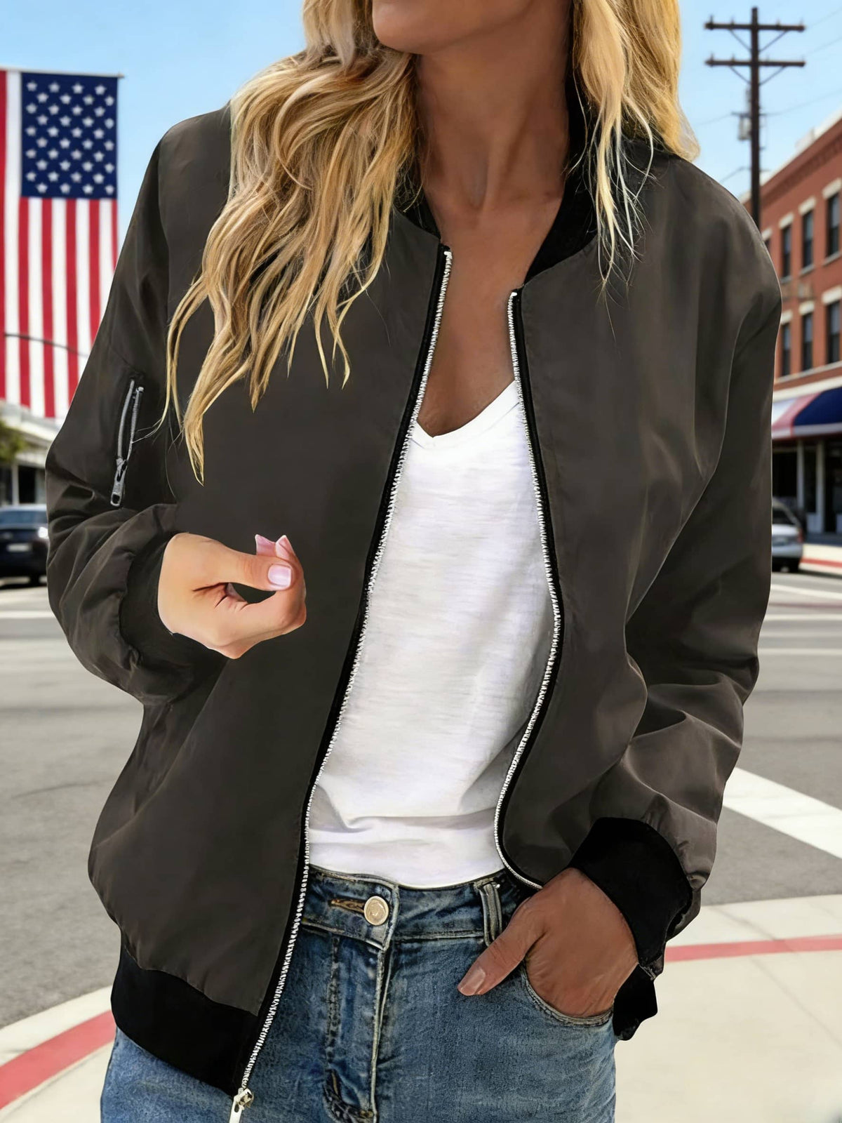 Lightweight Zip Front Ribbed Bomber Jacket - Coffee - 2