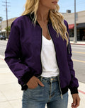 Lightweight Zip Front Ribbed Bomber Jacket - Purple