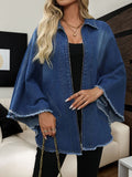 Zip Front Cape Sleeve Denim Jacket With Frayed Hem - Blue