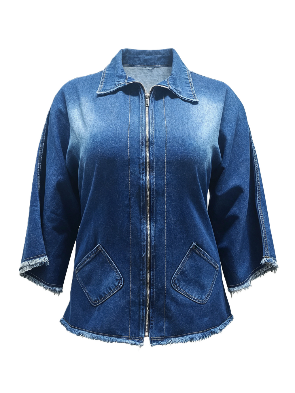 Zip Front Cape Sleeve Denim Jacket With Frayed Hem - Blue - 2