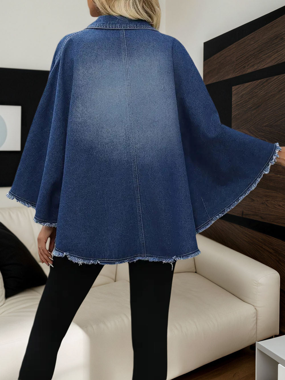 Zip Front Cape Sleeve Denim Jacket With Frayed Hem - Blue - 3
