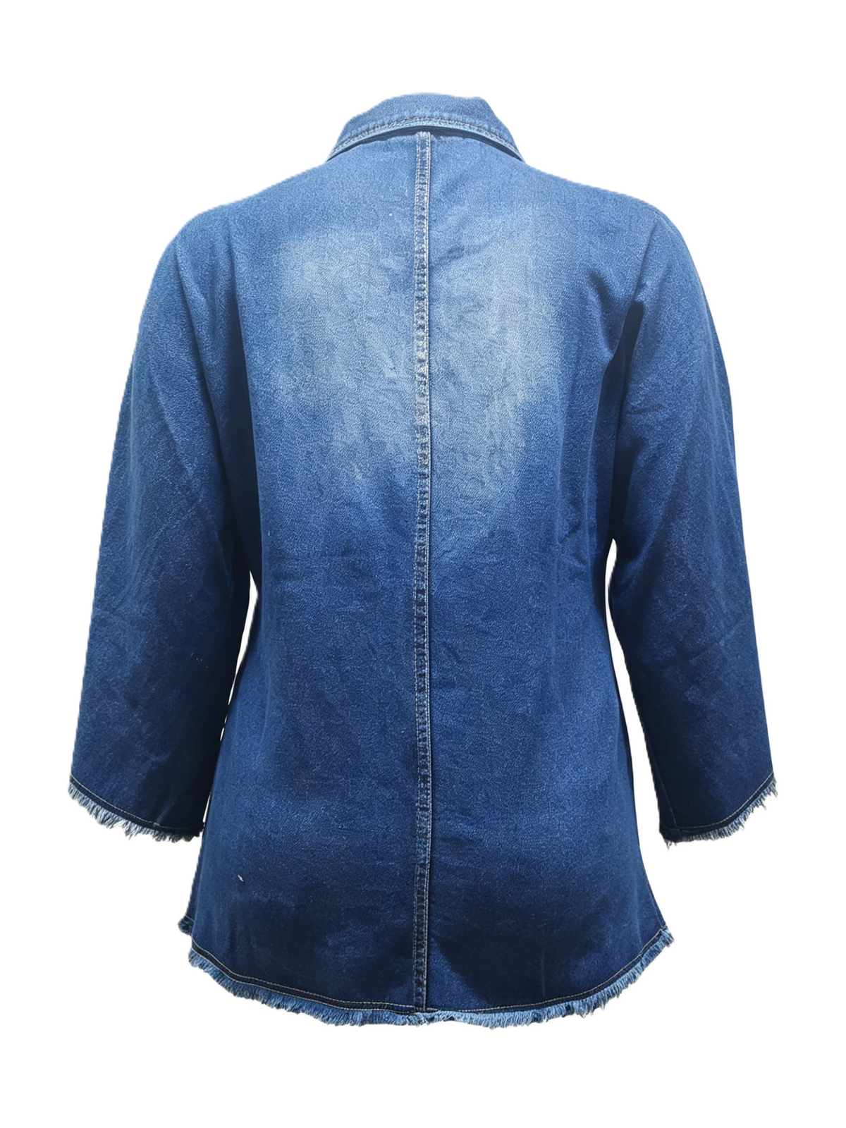 Zip Front Cape Sleeve Denim Jacket With Frayed Hem - Blue - 4