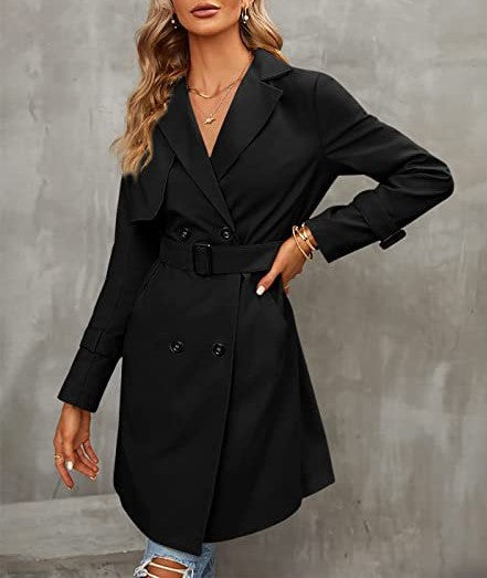 Notch Lapel Belted Double Breasted Trench Coat - Black