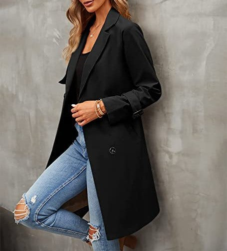 Notch Lapel Belted Double Breasted Trench Coat - Black - 1