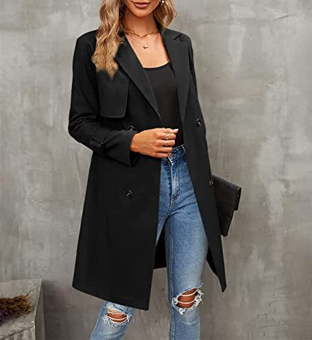 Notch Lapel Belted Double Breasted Trench Coat - Black - 2