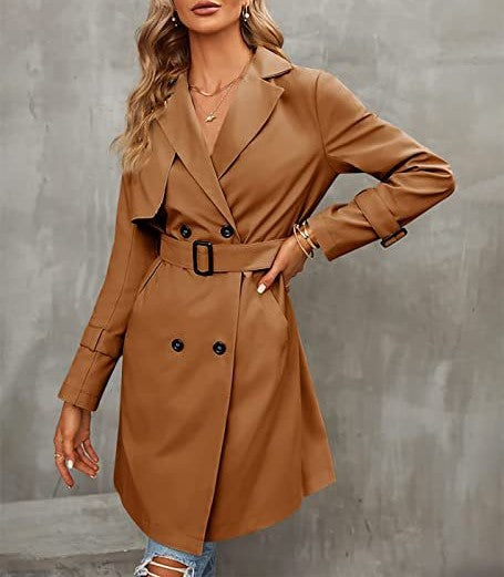Notch Lapel Belted Double Breasted Trench Coat - Brown