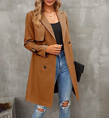 Notch Lapel Belted Double Breasted Trench Coat - Brown - 1