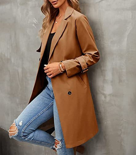 Notch Lapel Belted Double Breasted Trench Coat - Brown - 2