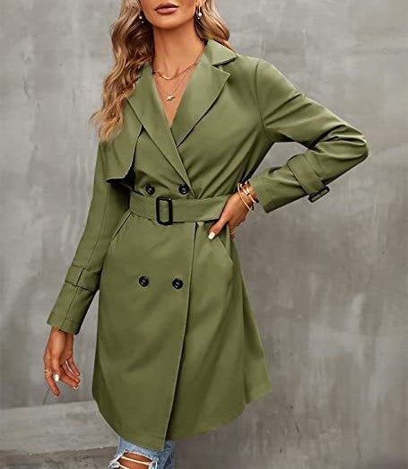 Notch Lapel Belted Double Breasted Trench Coat - Green