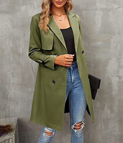 Notch Lapel Belted Double Breasted Trench Coat - Green - 1