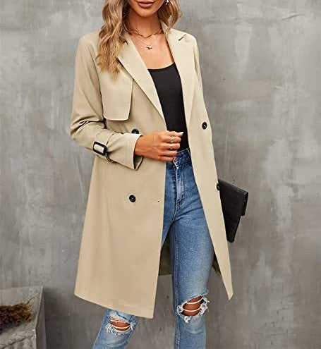 Notch Lapel Belted Double Breasted Trench Coat - Khaki - 1