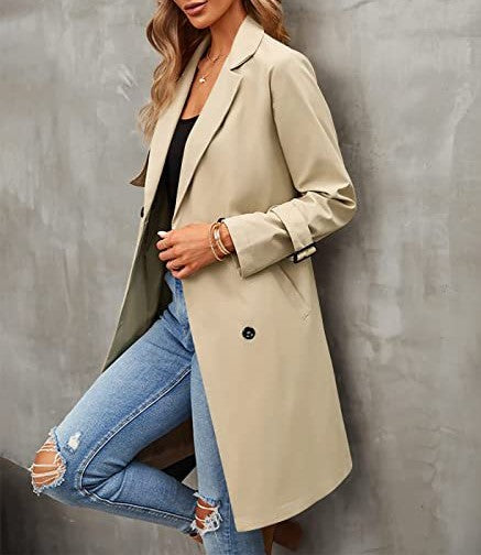 Notch Lapel Belted Double Breasted Trench Coat - Khaki - 2