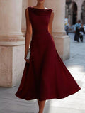 Chiffon Cowl Neck Pleated Waist A-Line Midi Dress - Burgundy