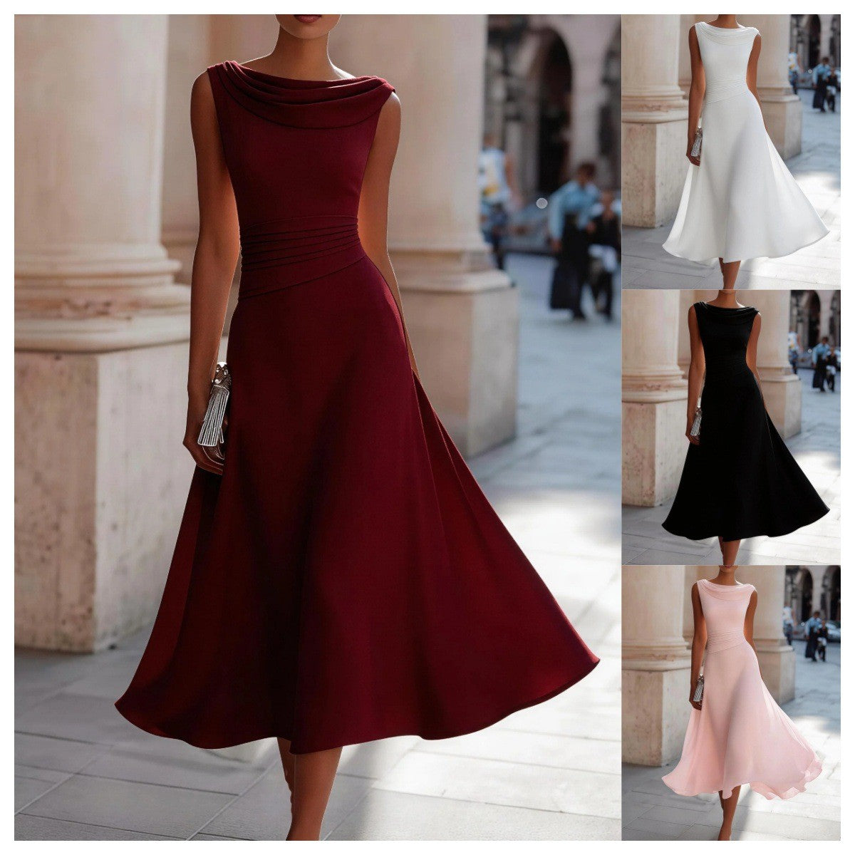 Chiffon Cowl Neck Pleated Waist A-Line Midi Dress