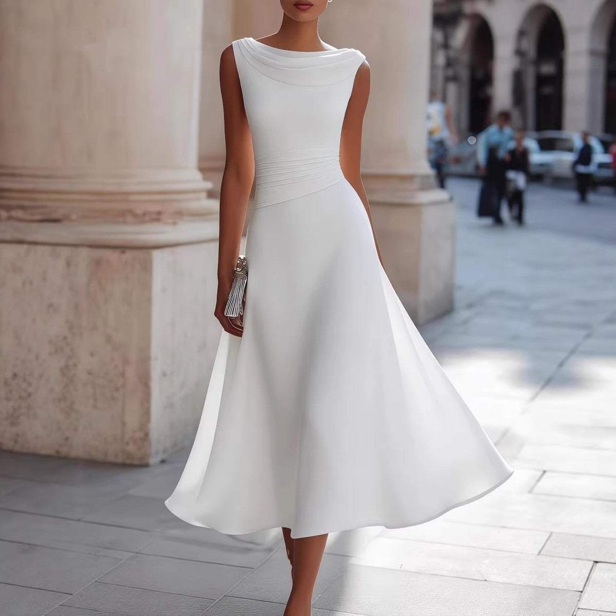 Chiffon Cowl Neck Pleated Waist A-Line Midi Dress