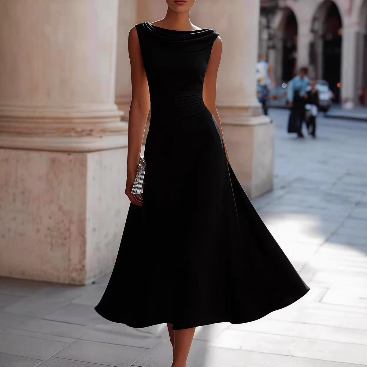 Chiffon Cowl Neck Pleated Waist A-Line Midi Dress