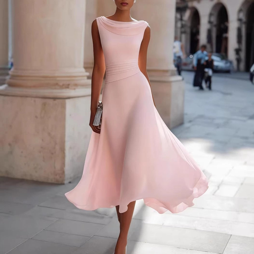 Chiffon Cowl Neck Pleated Waist A-Line Midi Dress