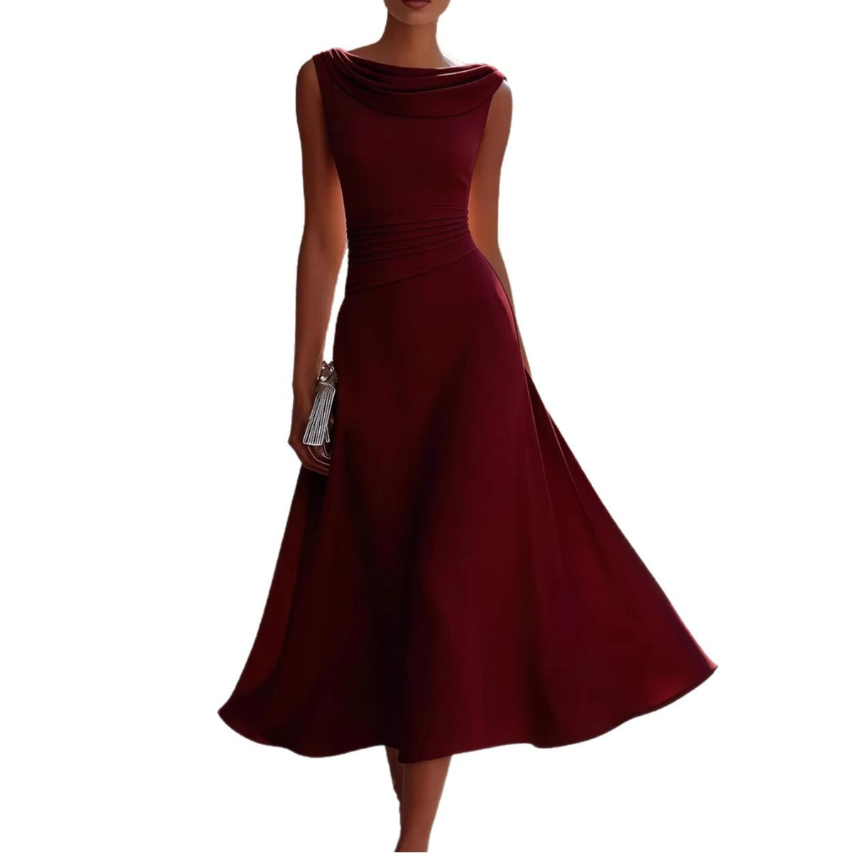Chiffon Cowl Neck Pleated Waist A-Line Midi Dress