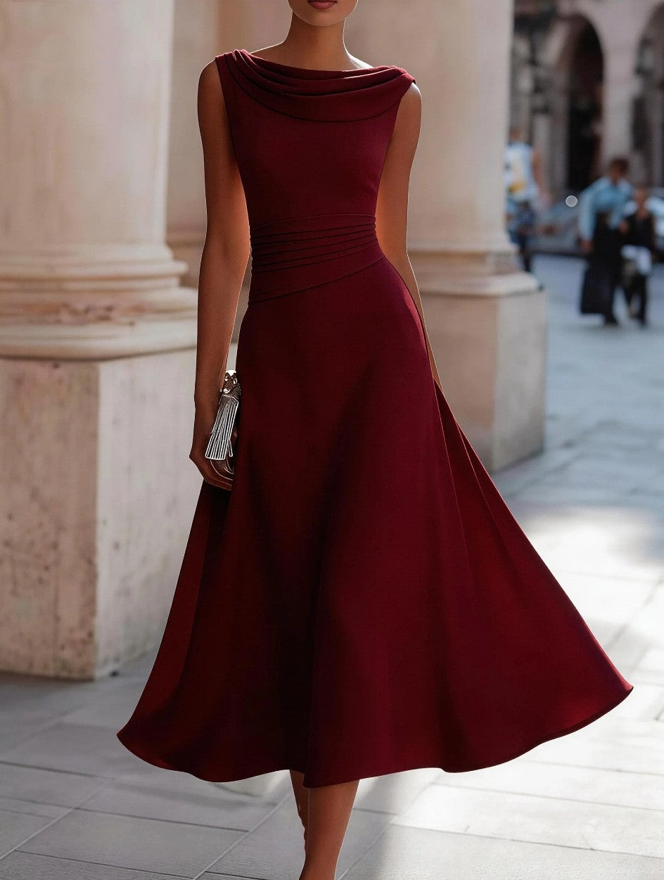 Chiffon Cowl Neck Pleated Waist A-Line Midi Dress
