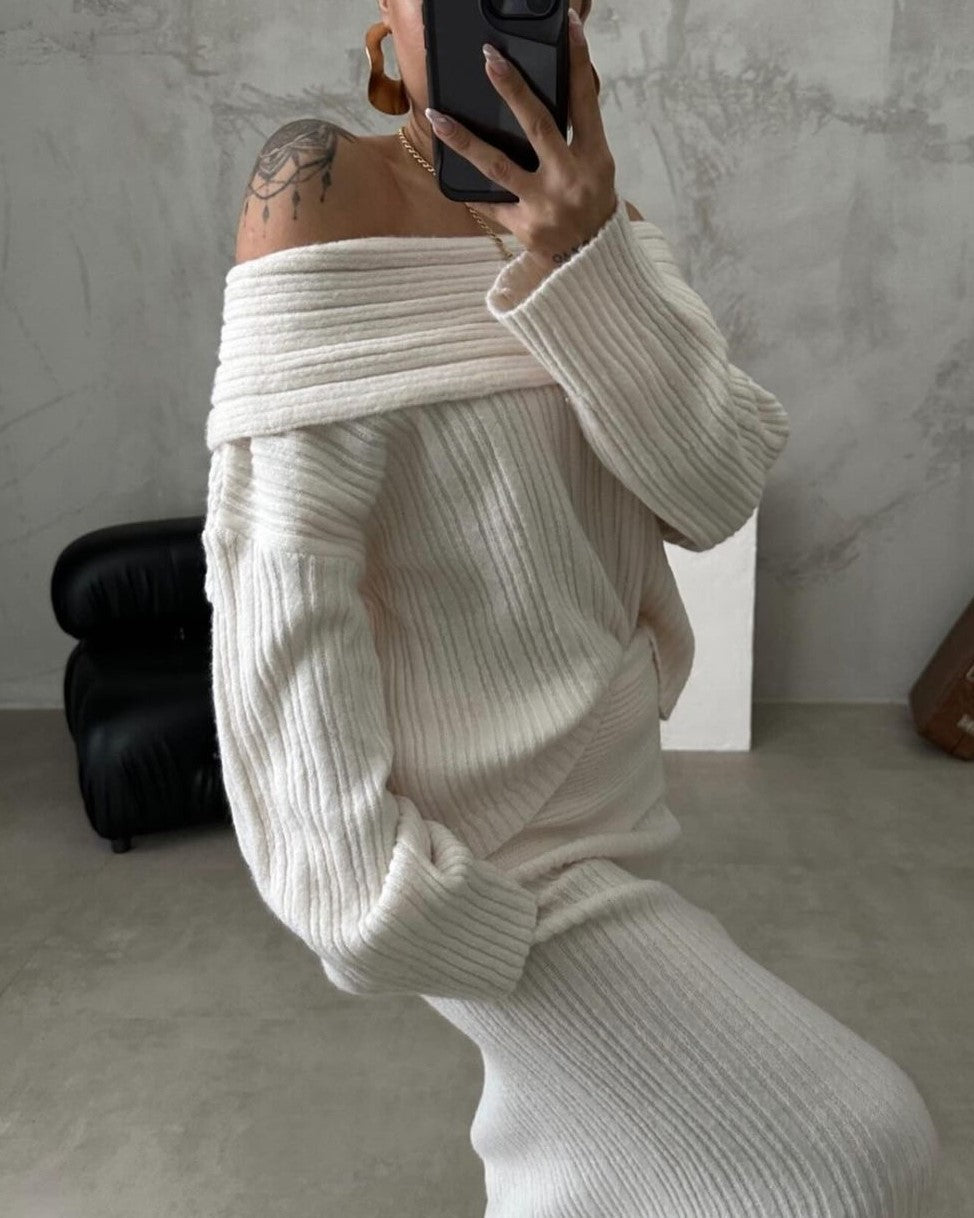 Off Shoulder Ribbed Knit Maxi Skirt Set - OffWhite