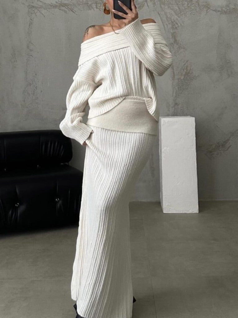 Off Shoulder Ribbed Knit Maxi Skirt Set - OffWhite - 1