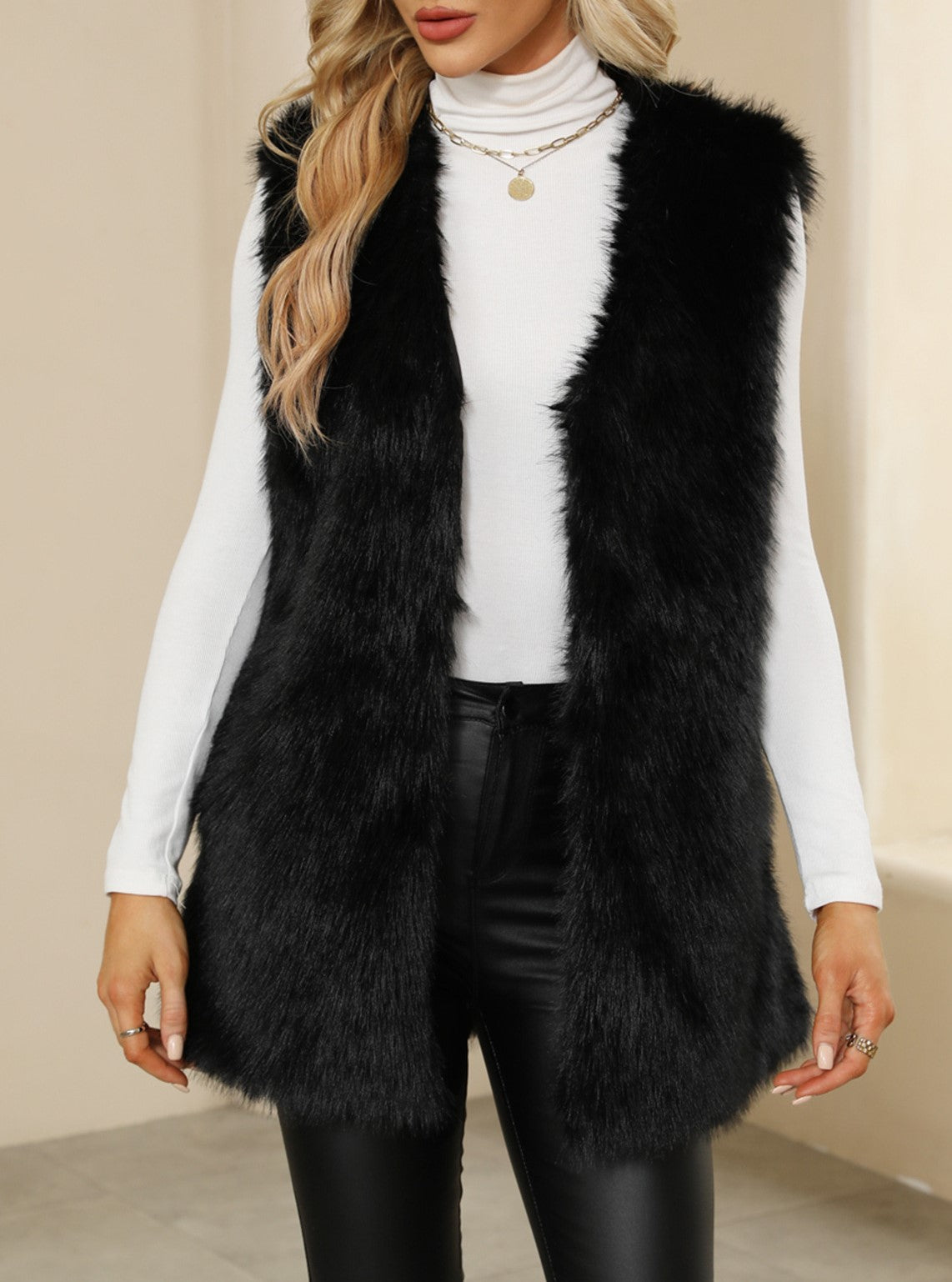 Longline Faux Fur Sleeveless Vest - Black