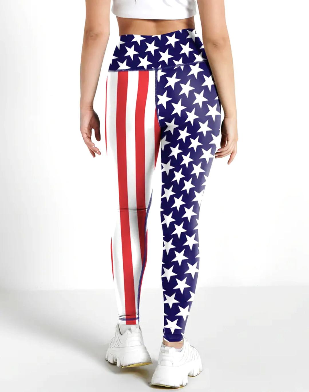Americana Flag Print High Waist Leggings - Blue - 1
